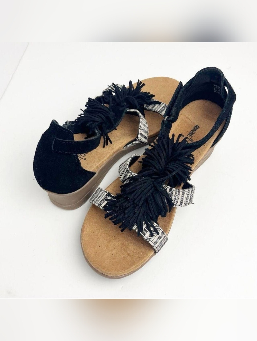 Minnetonka Desi Black Leather Upper Pom Pom Straps Ankle Strap Sandals